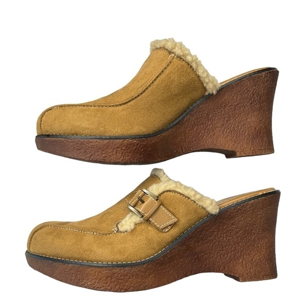 Lower East Side VTG Mules Size 9.5 Clogs Tan Suede & Sherpa Gummies Wedge Heel - Picture 6 of 9